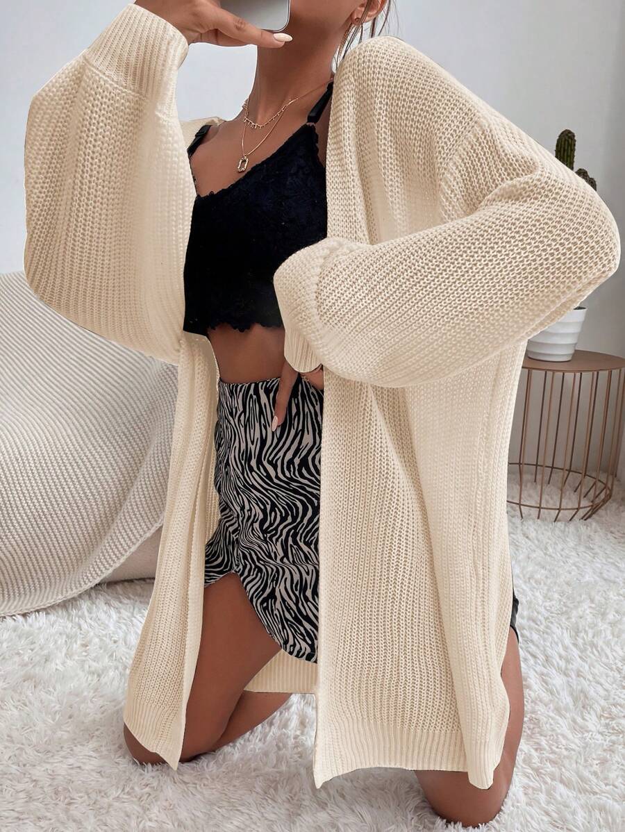 SHEIN Holidaya 落肩休闲设计开衫 - 杏色 - 查看 1