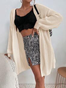 SHEIN Holidaya 落肩休闲设计开衫 - 杏色 - 查看 3