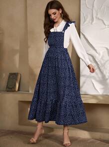 Mulvari Polka Dot Ruffle Trim Overall Dress Without Blouse - Navy Blue - View 1