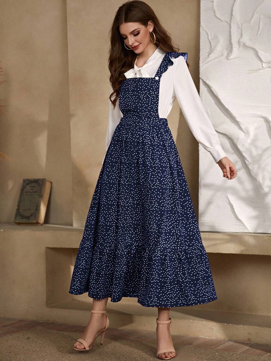 Mulvari Polka Dot Ruffle Trim Overall Dress Without Blouse - Navy Blue - View 1