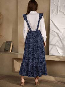 Mulvari Polka Dot Ruffle Trim Overall Dress Without Blouse - Navy Blue - View 2