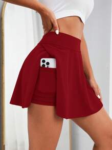 SHEIN Essnce Solid Tummy Control Skort With Phone Pocket - Burgundy - View 3