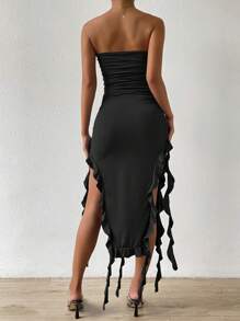 Zolique Ruffle Trim Ruched Split Thigh Tube Dress Halloween - Black - View 2