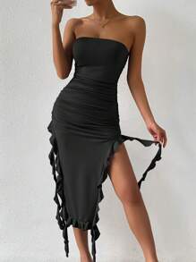 Zolique Ruffle Trim Ruched Split Thigh Tube Dress Halloween - Black - View 3