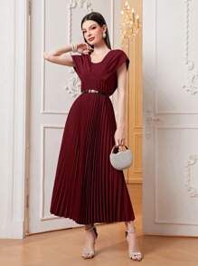 Modelyn 百褶下擺連衣裙不附腰帶 - 酒紅色 - 查看 3