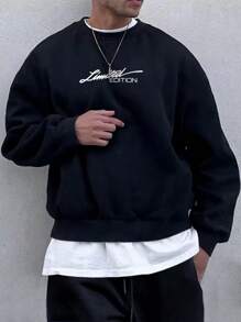 Manfinity Homme Men 1pc Letter Graphic Drop Shoulder Thermal Sweatshirt - Black - View 1