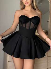 Sweetina 纯色重叠腰喇叭下摆黑色裙子 - 黑色 - 查看 1