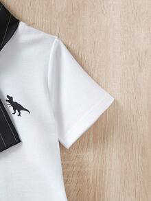 小男童恐龍印花T恤和豎條紋長褲和圍巾套裝 - 黑與白 - 查看 6