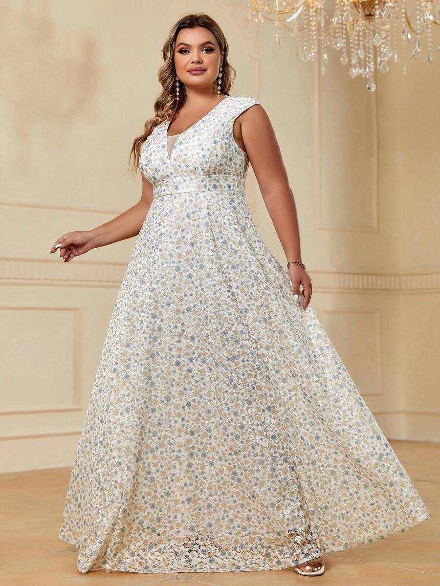 Plus Ditsy Floral Print Dress - Multicolor - View 1