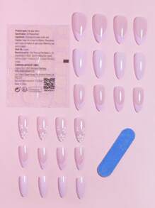 VV MEI JIA ER Instantly Upgrade Your Look With 24pcs Long Almond Purple Solid French Floral Pattern Fake Nail & 1pc Nail File & 1sheet Tape Press On Nails Nail Supplies - Mauve Purple - View 2