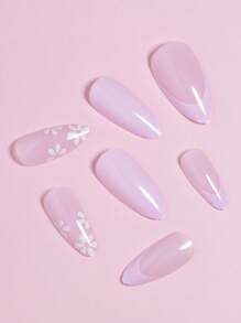 VV MEI JIA ER Instantly Upgrade Your Look With 24pcs Long Almond Purple Solid French Floral Pattern Fake Nail & 1pc Nail File & 1sheet Tape Press On Nails Nail Supplies - Mauve Purple - View 5