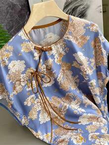 Floral Print Frog Button Knot Side Blouse - Multicolor - View 5