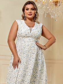 Plus Ditsy Floral Print Dress - Multicolor - View 5