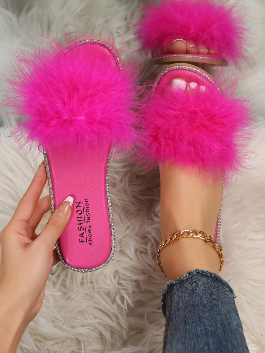 Women Neon Pink Fuzzy Slide Sandals, PVC Glamorous Sandals - Hot Pink - View 1