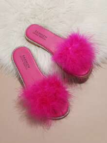 Women Neon Pink Fuzzy Slide Sandals, PVC Glamorous Sandals - Hot Pink - View 2