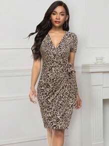 Leopard Print Knot Side Wrap Dress - Multicolor - View 1