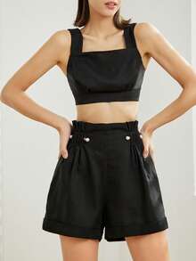 Bộ đồ hai mảnh nữ Nút Quần paper-bag màu trơn Giải trí - màu đen - Xem 4