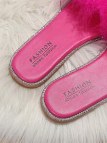 Women Neon Pink Fuzzy Slide Sandals, PVC Glamorous Sandals - Hot Pink - View 5