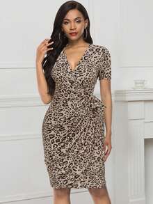 Leopard Print Knot Side Wrap Dress - Multicolor - View 3