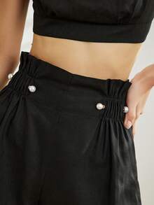 Bộ đồ hai mảnh nữ Nút Quần paper-bag màu trơn Giải trí - màu đen - Xem 7