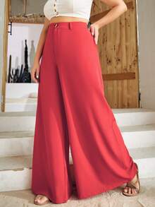 S BETRO Plus High Waist Wide Leg Trousers - Red - View 3