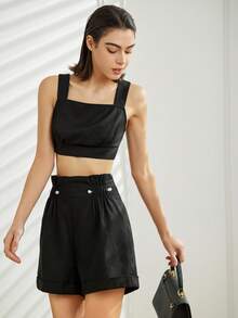 Bộ đồ hai mảnh nữ Nút Quần paper-bag màu trơn Giải trí - màu đen - Xem 8