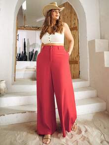 S BETRO Plus High Waist Wide Leg Trousers - Red - View 5