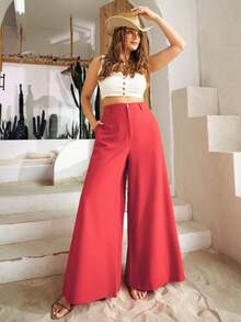 S BETRO Plus High Waist Wide Leg Trousers - Red - View 6