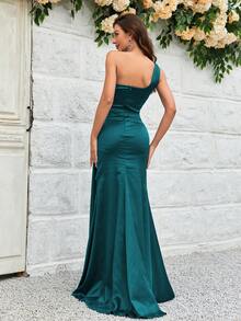 One Shoulder Rhinestone Detail Ruched Wrap Hem Party Dress - Green - View 2