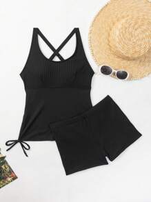 SHEIN Swim Summer Beach Drawstring Side Tankini - Black - View 7
