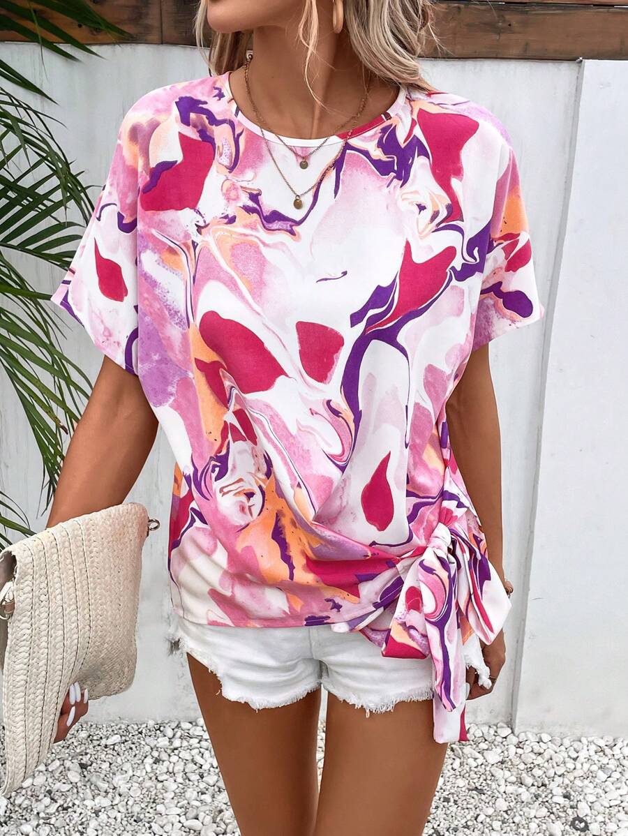 SHEIN VCAY Allover Print Batwing Sleeve Knot Side Blouse - Multicolor - View 1