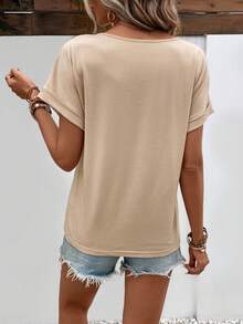 SHEIN LUNE Button Detail Batwing Sleeve Tee - Khaki - View 2