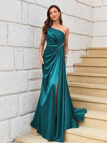 One Shoulder Rhinestone Detail Ruched Wrap Hem Party Dress - Green - View 5