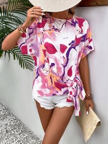 SHEIN VCAY Allover Print Batwing Sleeve Knot Side Blouse - Multicolor - View 3