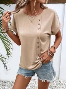 SHEIN LUNE Button Detail Batwing Sleeve Tee - Khaki - View 4