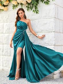One Shoulder Rhinestone Detail Ruched Wrap Hem Party Dress - Green - View 6