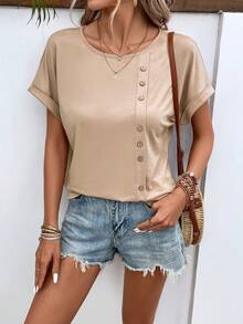 SHEIN LUNE Button Detail Batwing Sleeve Tee - Khaki - View 5