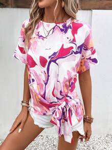 SHEIN VCAY Allover Print Batwing Sleeve Knot Side Blouse - Multicolor - View 5