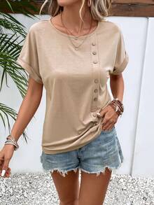 SHEIN LUNE Button Detail Batwing Sleeve Tee - Khaki - View 6