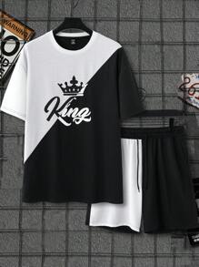 Manfinity EMRG Men Plus Crown & Letter Graphic Two Tone Tee & Drawstring Waist Shorts - Black and White - View 1