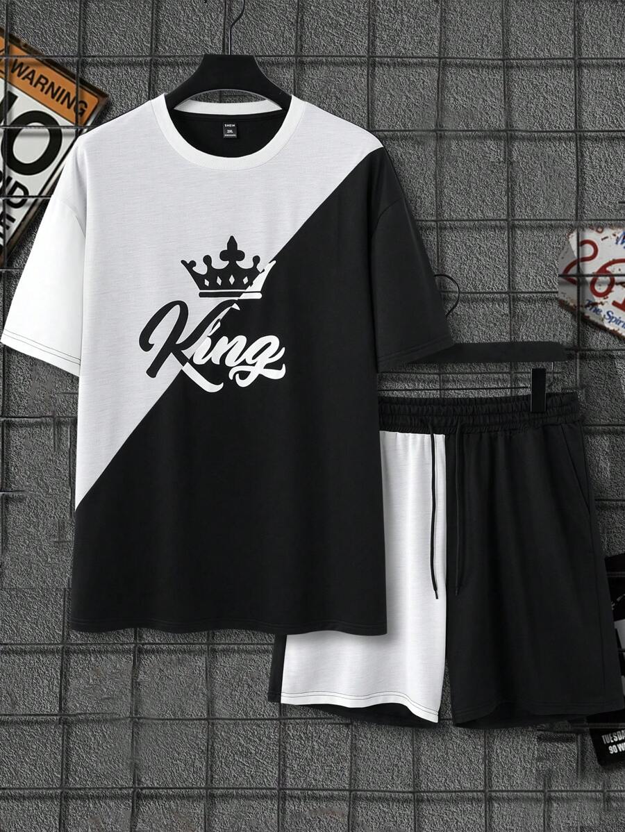 Manfinity EMRG Men Plus Crown & Letter Graphic Two Tone Tee & Drawstring Waist Shorts - Black and White - View 1