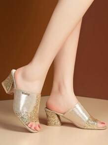 女性亮片裝飾粗跟穆勒魅力四射夏天高跟涼鞋 - 金色 - 查看 4