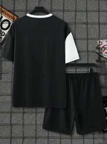 Manfinity EMRG Men Plus Crown & Letter Graphic Two Tone Tee & Drawstring Waist Shorts - Black and White - View 2