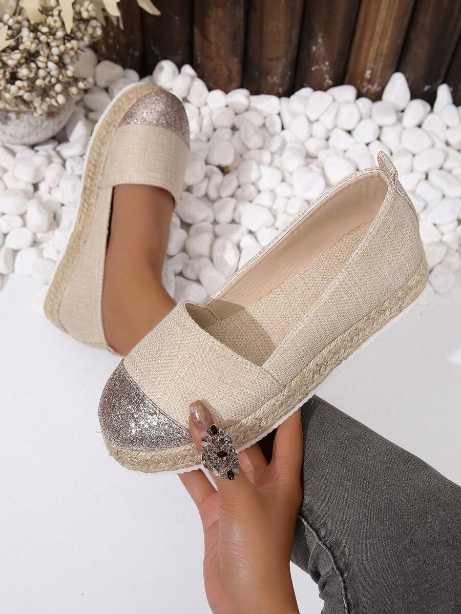 Women Glitter Panel Espadrille Slip-on Wedge Shoes, Vacation Linen Court Wedges