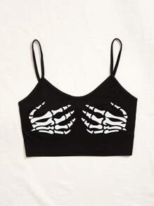 SHEIN MOOSTA Skeleton Print Crop Cami Top Graphic Tees Women Tops - Black - View 4