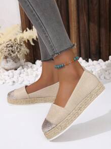 Women Glitter Panel Espadrille Slip-on Wedge Shoes, Vacation Linen Court Wedges