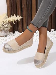Women Glitter Panel Espadrille Slip-on Wedge Shoes, Vacation Linen Court Wedges