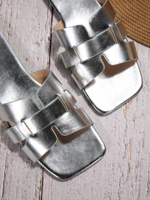 大码 35-43 时尚简约舒适系带户外拖鞋，红色 PU 鞋面，方头，平底，日常沙滩凉鞋 - 銀色 - 查看 3