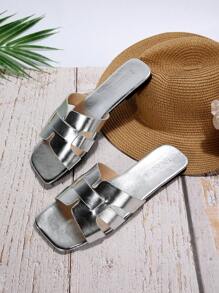 大码 35-43 时尚简约舒适系带户外拖鞋，红色 PU 鞋面，方头，平底，日常沙滩凉鞋 - 銀色 - 查看 4