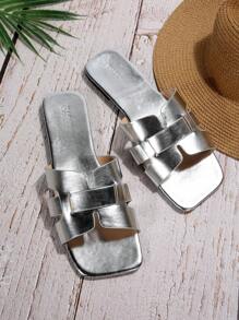 大码 35-43 时尚简约舒适系带户外拖鞋，红色 PU 鞋面，方头，平底，日常沙滩凉鞋 - 銀色 - 查看 5